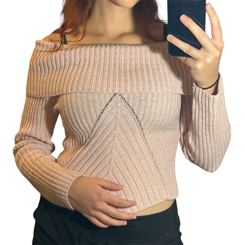GASCO Pink Metallic Off Shoulder Ribbed Knit Sweater Top Medium 195766